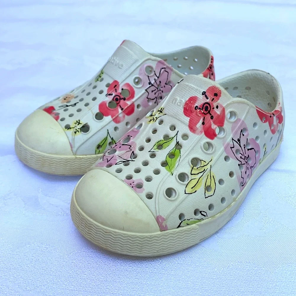 Native Kids Sneakers White with Pink, Red, Green Floral Print